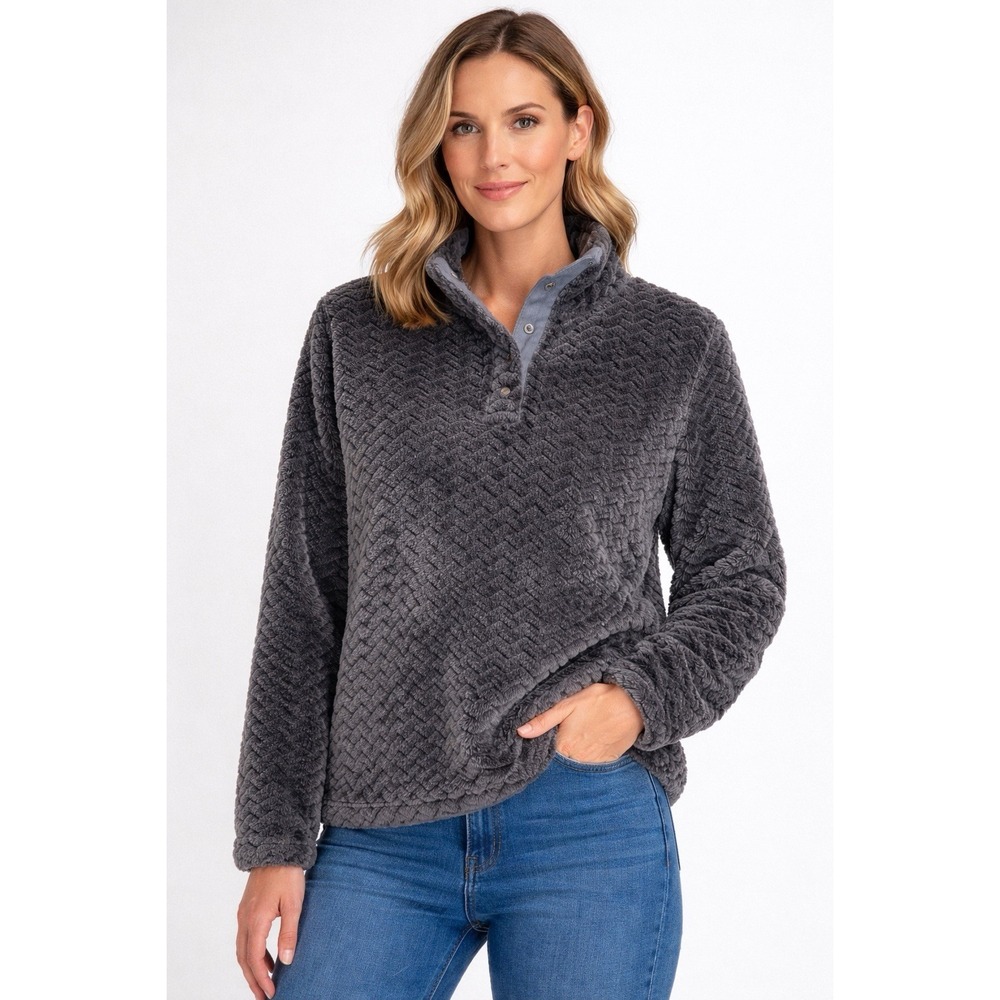 Avalanche Plush Fleece Pullover Snap Neck Gray Textured Jacket Women L Cozy
